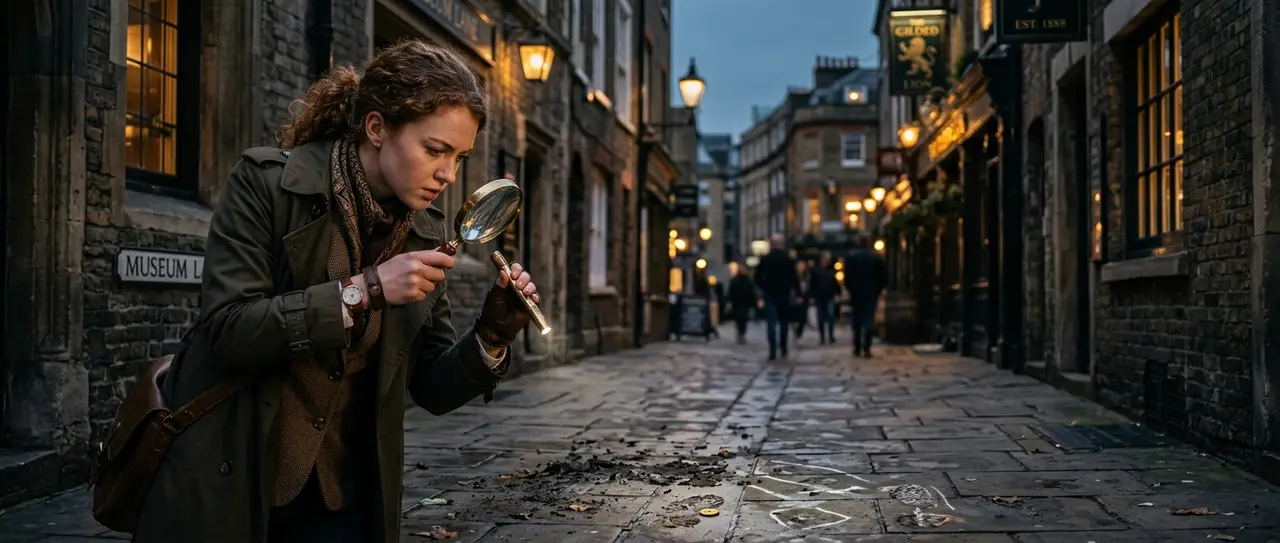 A young detective looking through a magnifying glass